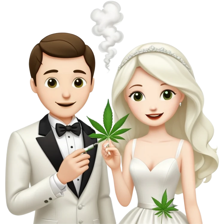 Bride in white dress and groom in tuxedo sharing a cannabis joint, cheerful cartoon wedding couple emoji