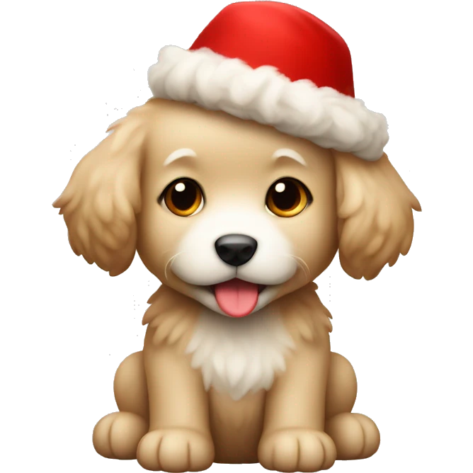 Beige fluffy puppy with a red hat emoji