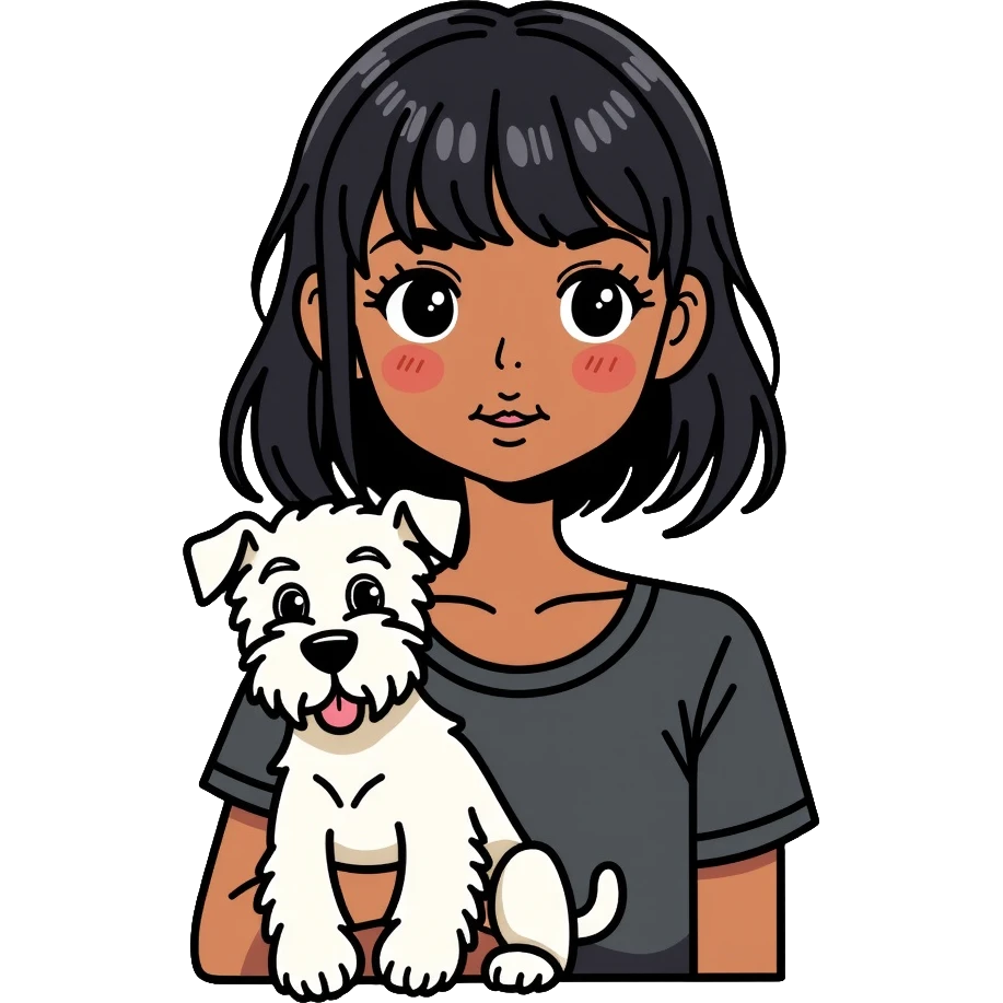 Black girl with short bangs holding a white schnauzer dog emoji