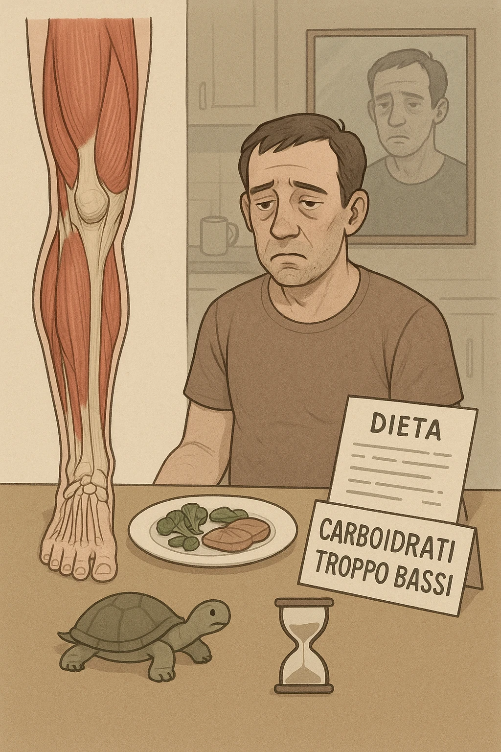 illustrazione anatomica di gamba più Uomo sui 35 anni in cucina, con espressione affaticata e spenta, guarda un piatto con pochissimi carboidrati (solo qualche verdura e proteine). Accanto a lui, fogli con una dieta rigida e una scritta visibile: 'Carboidrati troppo bassi'. Il suo corpo appare bloccato, senza definizione, con uno specchio alle spalle che riflette una figura stanca e senza progressi. Sul tavolo ci sono simboli che richiamano il metabolismo rallentato: una tartaruga, una clessidra ferma.corta o inibita emoji