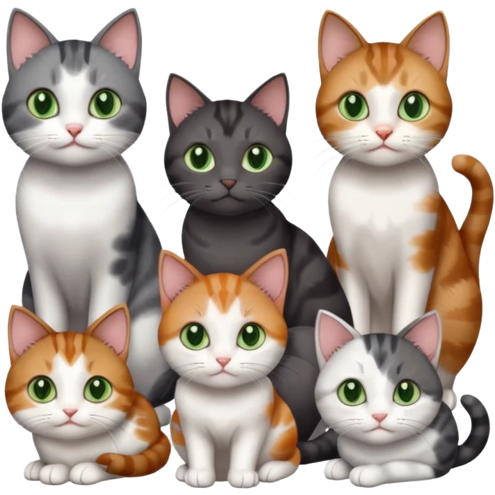 4 different coloured small cats including a dark grey and white, and a patchy calico, and a brown tabby and white,  and a completely solid dark grey with green eyes and only white paws emoji