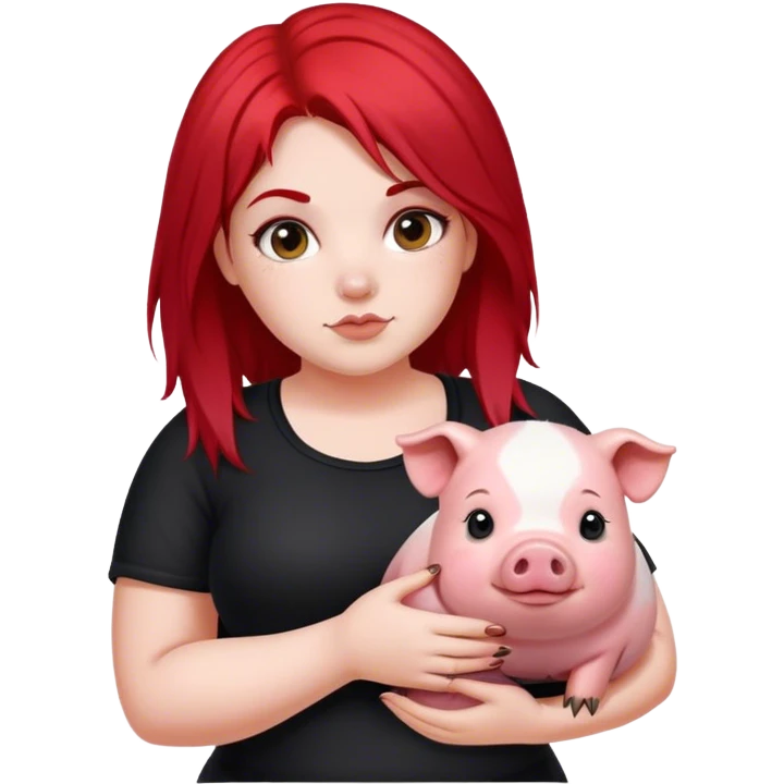 Thick girl with red and black split dye  red hair on left and black hair on right holding her pet pig emoji
