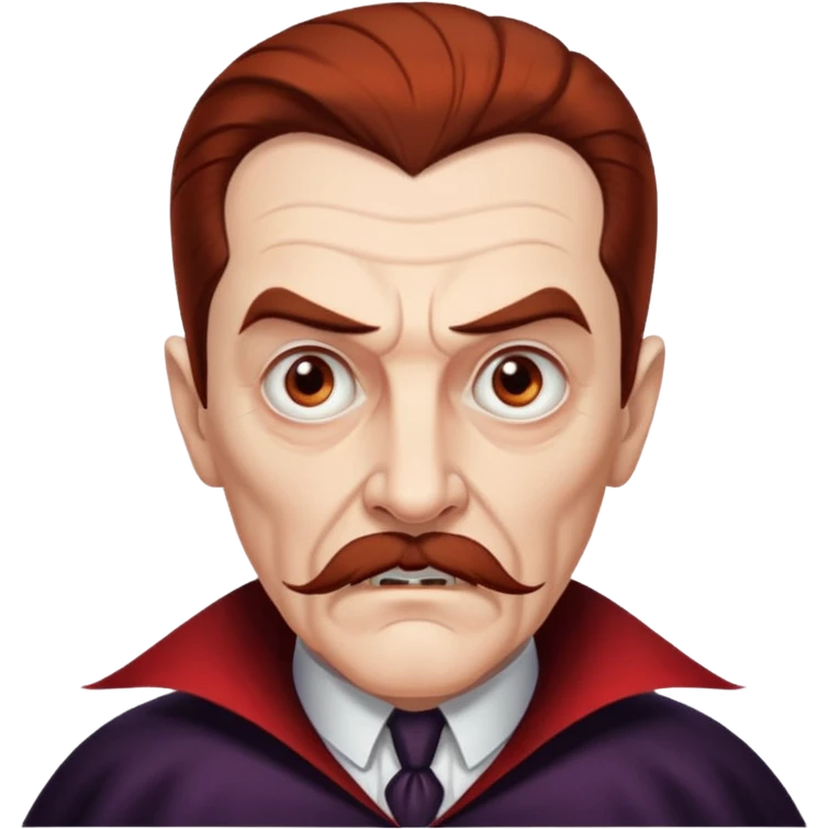 An elderly man with slicked-back reddish-brown hair, sharp brown eyes under heavy brows, and a white mustache, giving him a stern, Dracula-like appearance. emoji