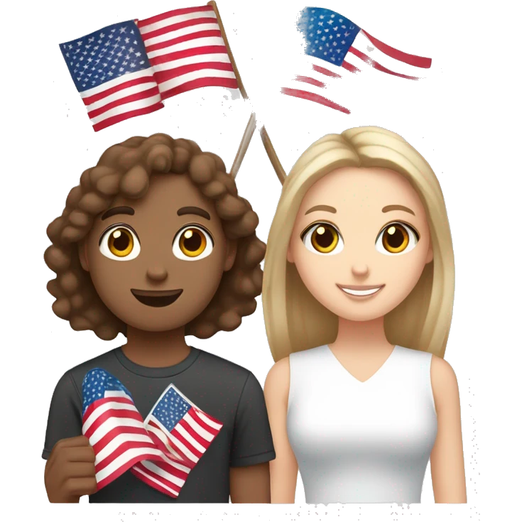 white girl with brown eyes and brown straight hair holding a polish flag in her hands and white guy with brown curly hair holding an american flag in his hands  emoji