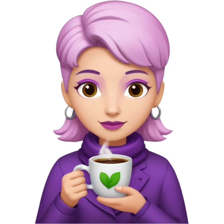 Create 3D minimalist emoji in the style of Coffee Lover — a coffee shop and roastery brand.
Style: cozy, warm.
Colors — purple-pink range.
white barista with coffee
on the form it says "Coffee Lover" emoji