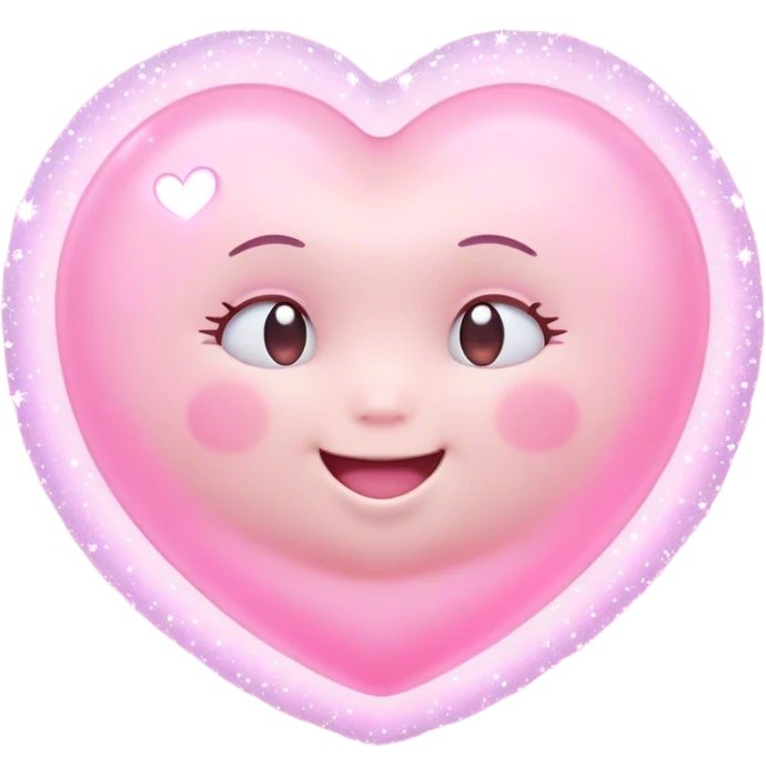 Cinematic floating soft heart, chubby round edges, pastel pink glow, tiny smiling face, surrounded by dreamy sparkles, gentle and loving. emoji