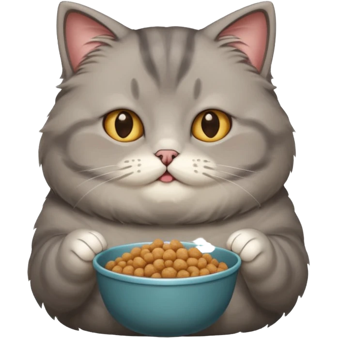 Gray cute cat eating food with cheeks full fat very very fat  emoji