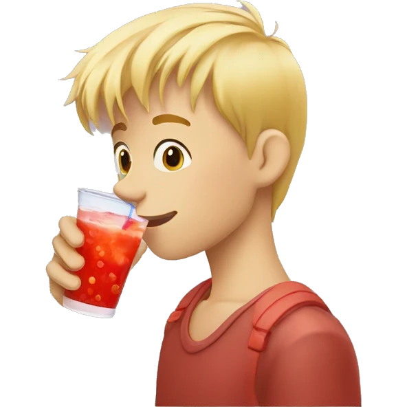 A blonde boy sucking juice with a straw while his hand is holding the drink, profile view emoji