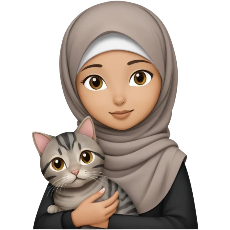 Hijab girl holding a black grey tabby cat emoji