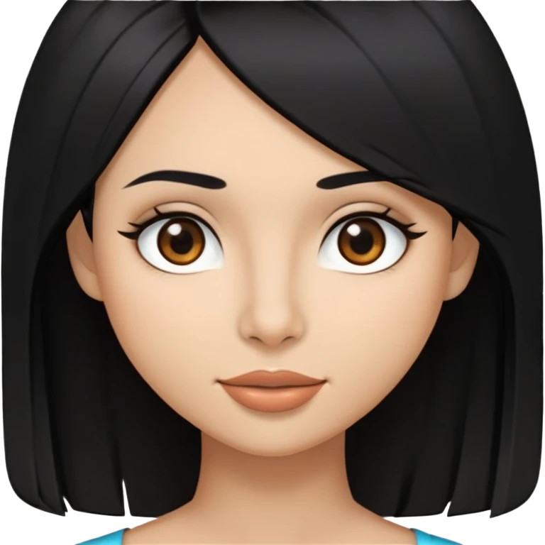 Morena com cabelo nos ombros e lisos de cor preto, olhos castanhos escuros e levemente puxados, boca e nariz grandes rosto redondo  emoji