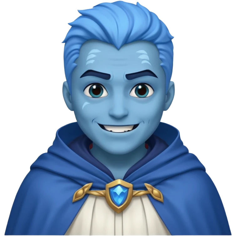 villain smiling with a white cloak, blue skin emoji