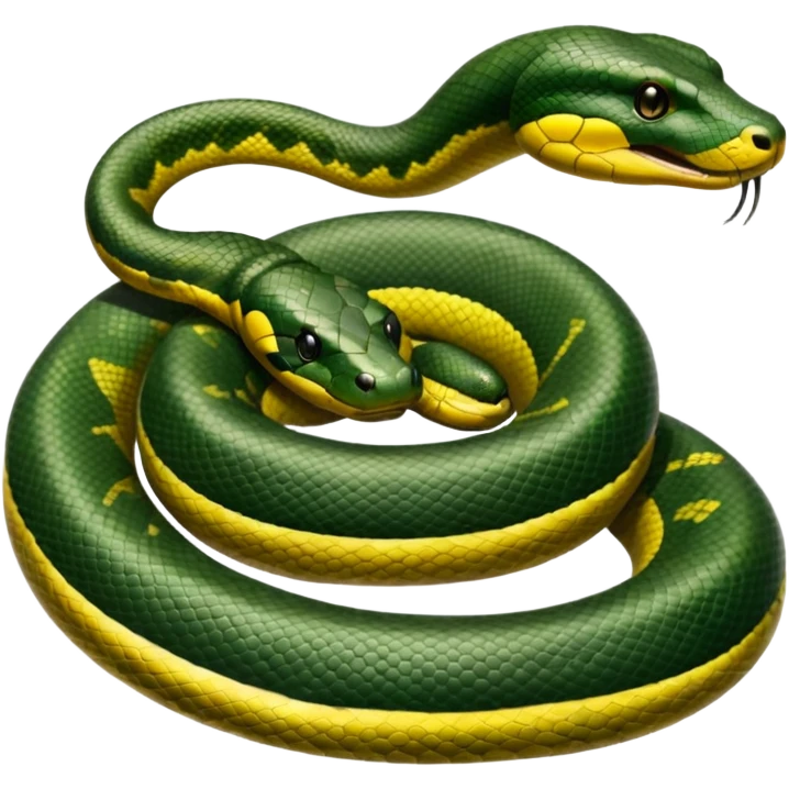 A photo-realistic top-down view of a Green Anaconda tightly coiled in a spiral, with its broad, flat head resting at the center. Its thick, muscular body is olive-green and covered in symmetrical, bold black oval spots that stand out against its smooth scales, creating striking natural camouflage. emoji