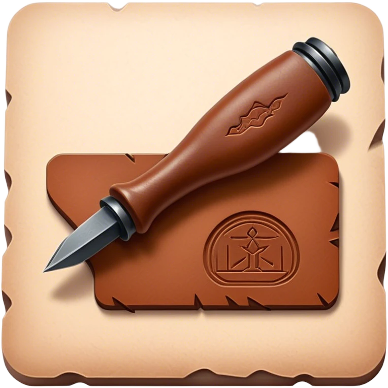 Leatherworking icon, piece of raw leather with started engraving, engraving tool or chisel, stamp or press, textured surface, minimalistic style, clean lines, transparent background. emoji