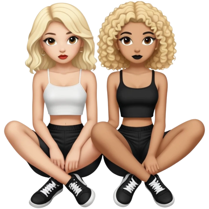 Full body of two teenage girls sitting together, one white with straight blonde hair and one brown-skinned with curly black hair, both with heavy makeup, big lips, crop tops and choni style clothing emoji