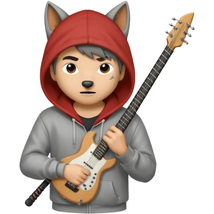 Wolf Cut boy wearing hoodie with a katana on his back and a guitar behind him emoji