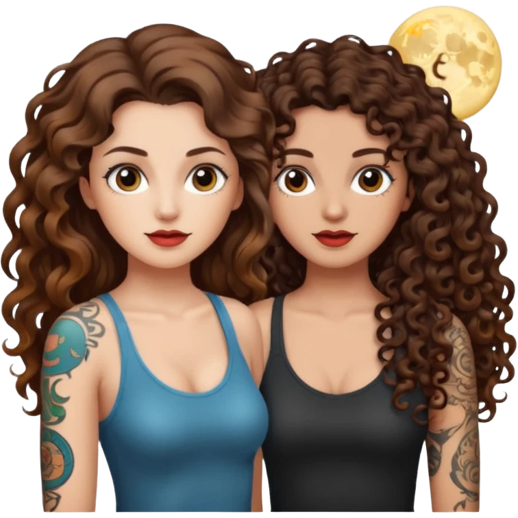 moon color change — long wavy brown hair tattooed woman and short tight curly brown hair woman — alarmed emoji