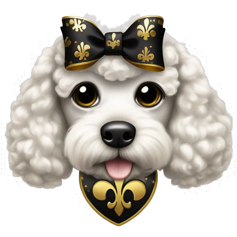 Black and gold bow with gold fleur de lis icon on white poodle emoji