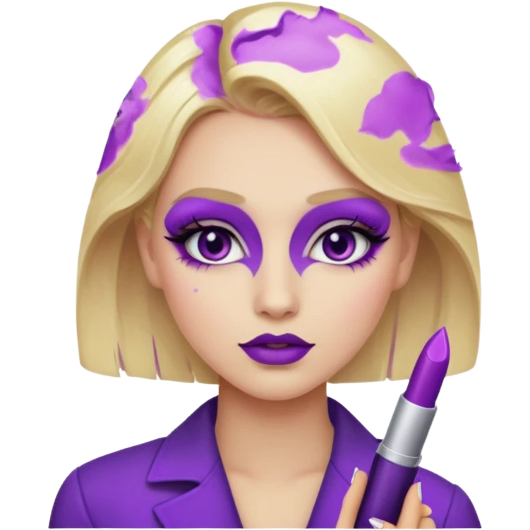 A blonde girl wearing a purple makeup emoji