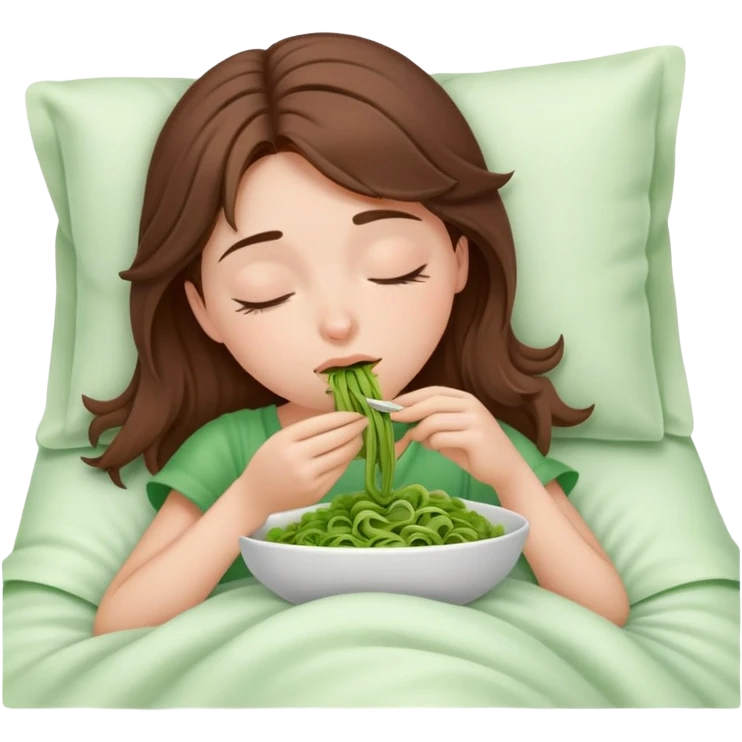 Brown haired girl eating green pasta asleep in white bed emoji
