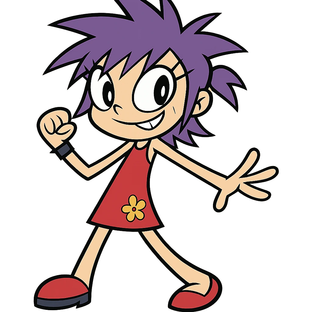 Yumi Yoshimura, cool girl with purple spiky hair, wearing a red dress, inspired by Hi Hi Puffy AmiYumi, confident and playful pose emoji