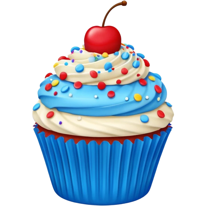 Cartoon Cupcake: blue cream, red paper, sprinkles with cherry on top  emoji