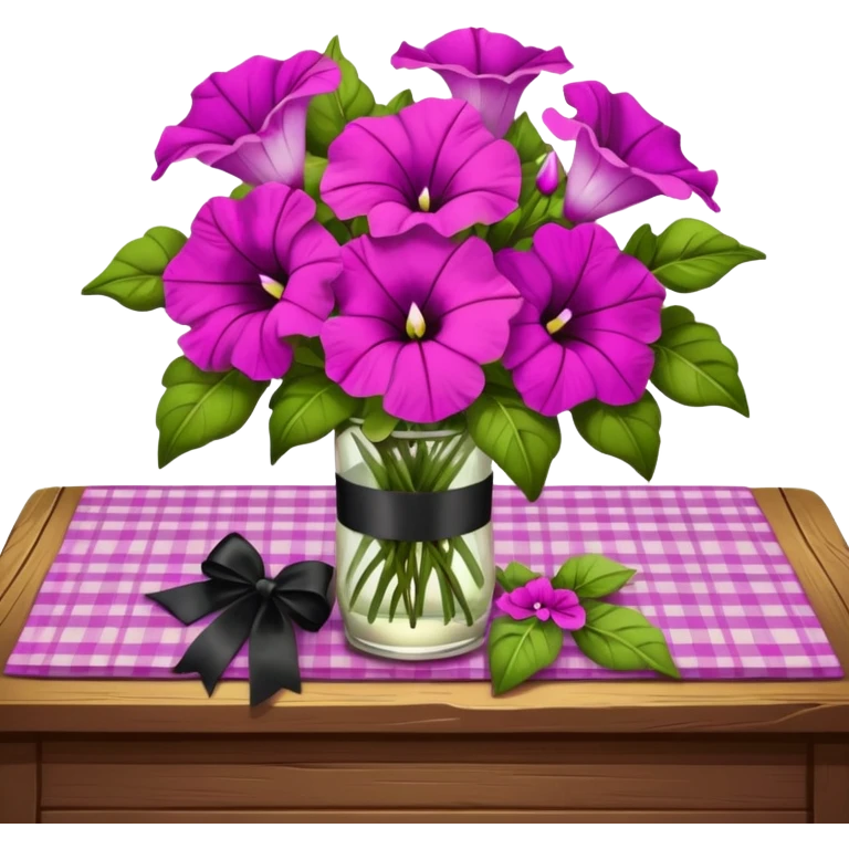 A lush bouquet of bright light margenta color petunia black satin ribbon, resting on an antique wooden table, with a pale yellow and pink plaid pattern table cloth emoji