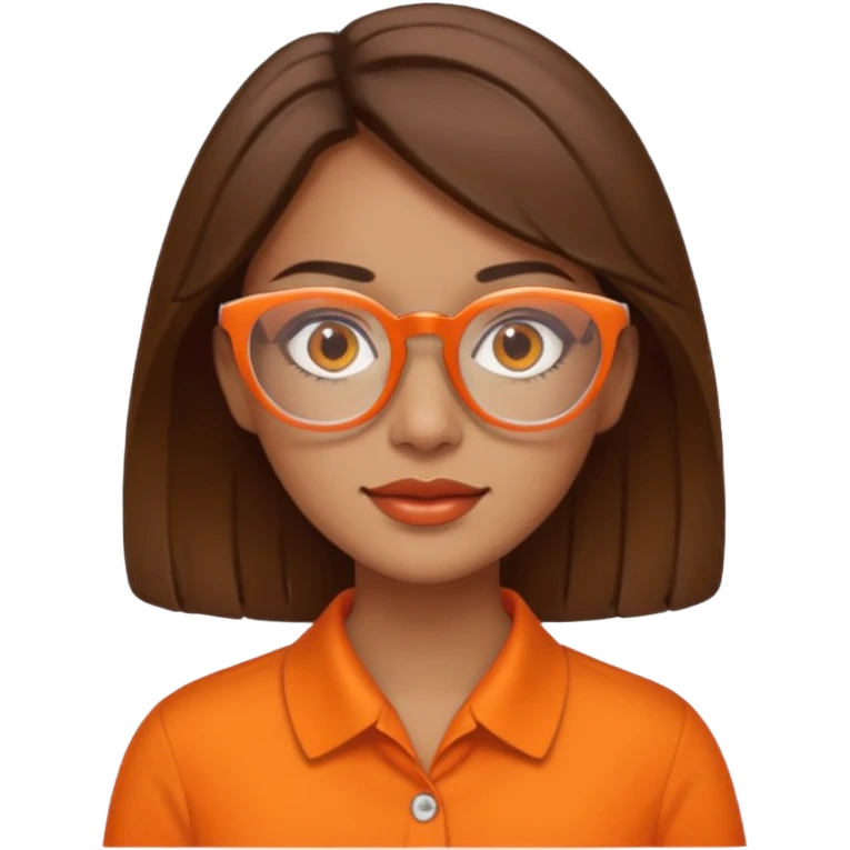 hispanic woman with  brown hair,  orange sectacles and orange blouse  with a collar emoji