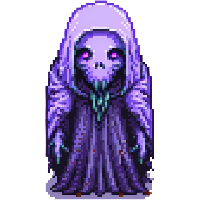 a creepy tall black ghost, hair draped over shiny purple eyes, pixel art style emoji