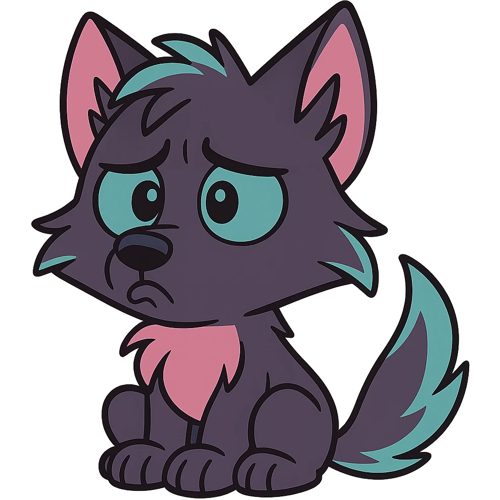 cute wolf pup with dark purple fur, neon mauve and neon teal highlights, pouting, comic style emoji