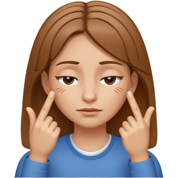 White but tan person with lightish brown hair girl has eyes closed and index and middle fingers held on the temples of the forehead has if she is thinking and knows and sort of smirking emoji
