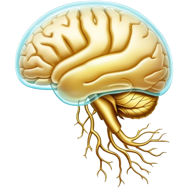 Pearlescent capsule floating between a translucent glowing brain and a translucent liver. Golden waves of connection emanate from the brain, representing improved memory, clarity and neural communication. The entire scene has an ethereal glow showing the beneficial properties of choline. emoji