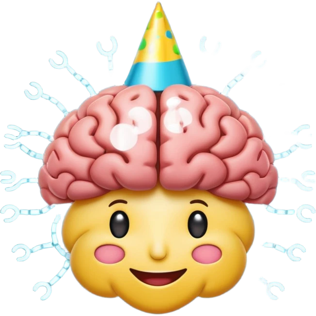 whimsical 2D cartoon emoji of a brain with digital circuit patterns and a happy face, wearing a party hat, to show AI involvement in a playful manner, in the style of standard Slack emojis emoji