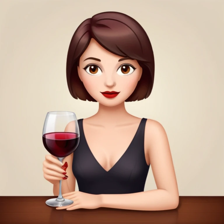 glam woman with short brown hair & red wine glass emoji