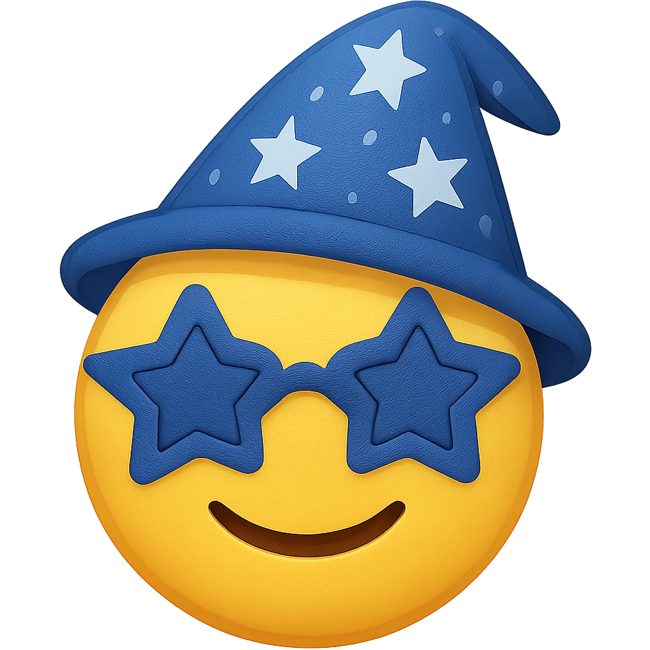 yellow face with blue wizard glasses, digital illustration, emoji style emoji