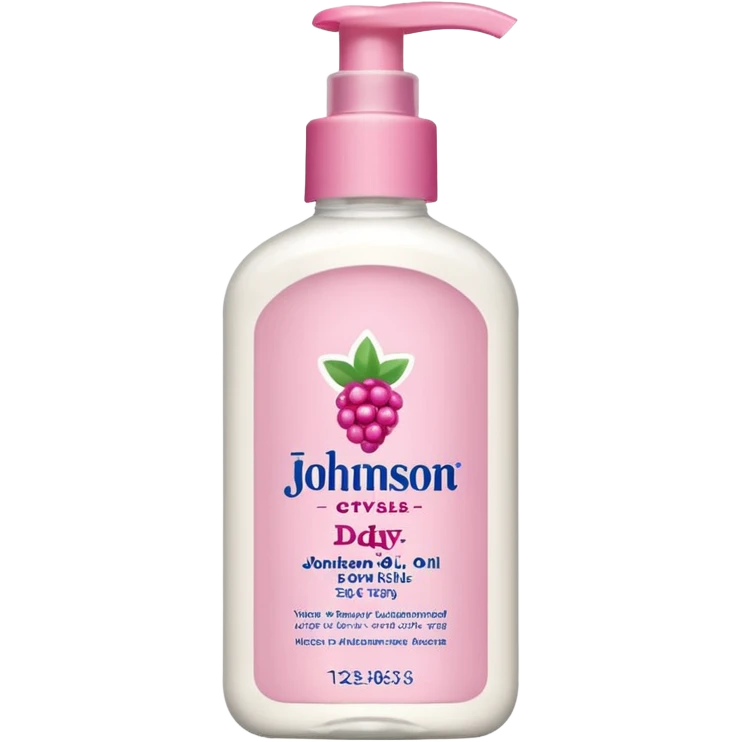 realistic Johnson and Johnson style bottle pink cap pink logo clear bottle with berry party logo with diddy oil and a berry on top bottle emoji