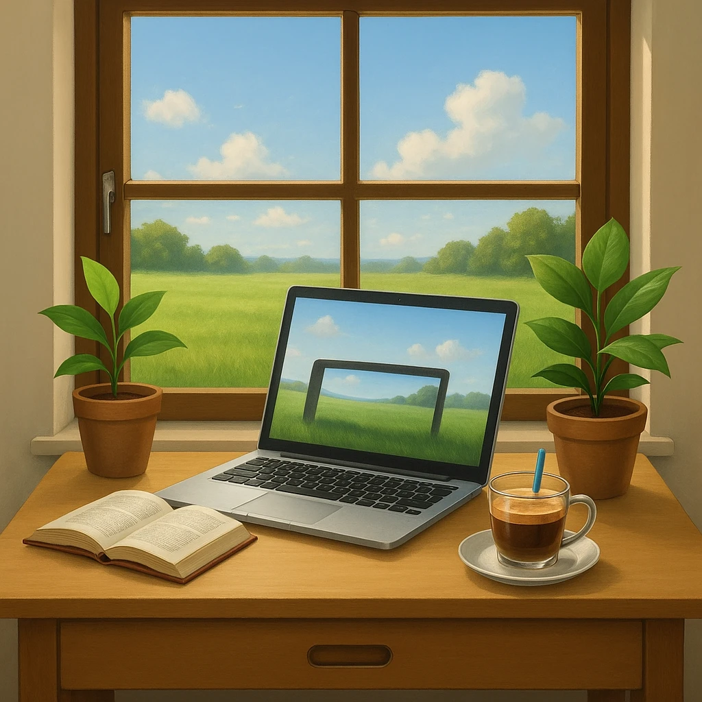 A laptop facing the front with an open window showing outdoor grass and sky, in the style of the reference image. emoji