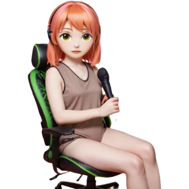 An ASMR streamer with orange hair, bangs, green eyes, and a microphone in front of her. Her room is dimly lit with pink light. She's sitting in a gaming chair with "Serappu" written on it. Behind her is a snake plant. On the shelf next to the plant are Baby Yoda and Gandalf toys. emoji