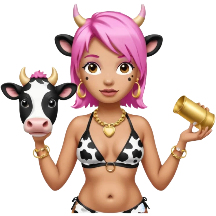 fat tan pink hair nicki minaj hucow with cow ears woman with inflated belly in black and white cow print bikini with gold hoop earrings and cow bell collar emoji