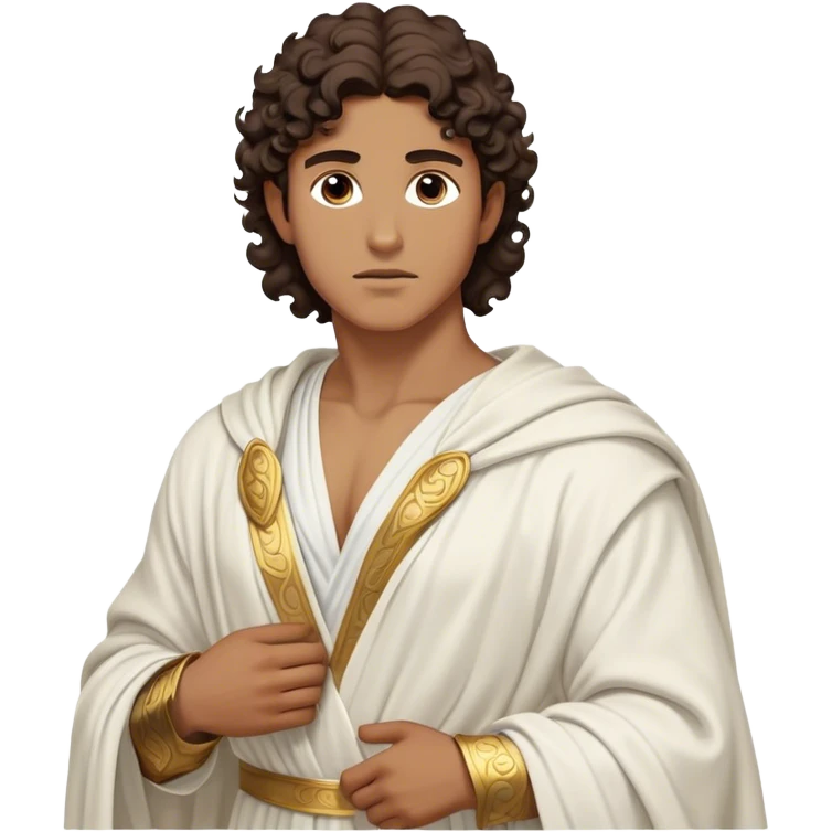 Cinematic Realistic Hercules Portrait, depicted as a classical Greek hero inspired by the Disney version yet echoing the refined proportions and serene dignity of Michelangelo's David. His idealized, tan skin glows with timeless strength, and his thick, curly wavy dark brownhair falls in natural, sculpted curls. Draped in a flowing white robe with delicate golden accents, his expressive eyes radiate determined nobility, all rendered under dynamic natural lighting with a mythic, radiant glow. emoji