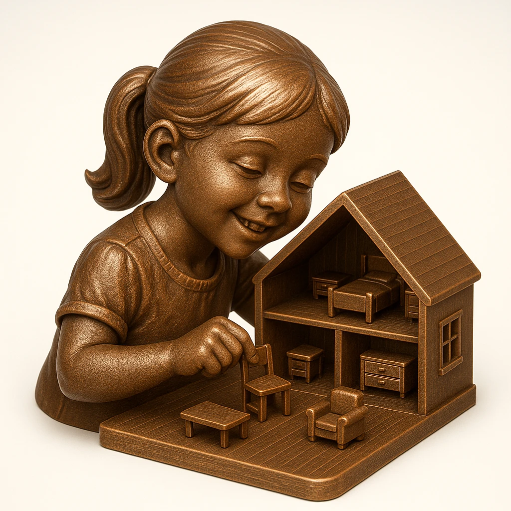 smiling girl arranging furniture in doll house emoji