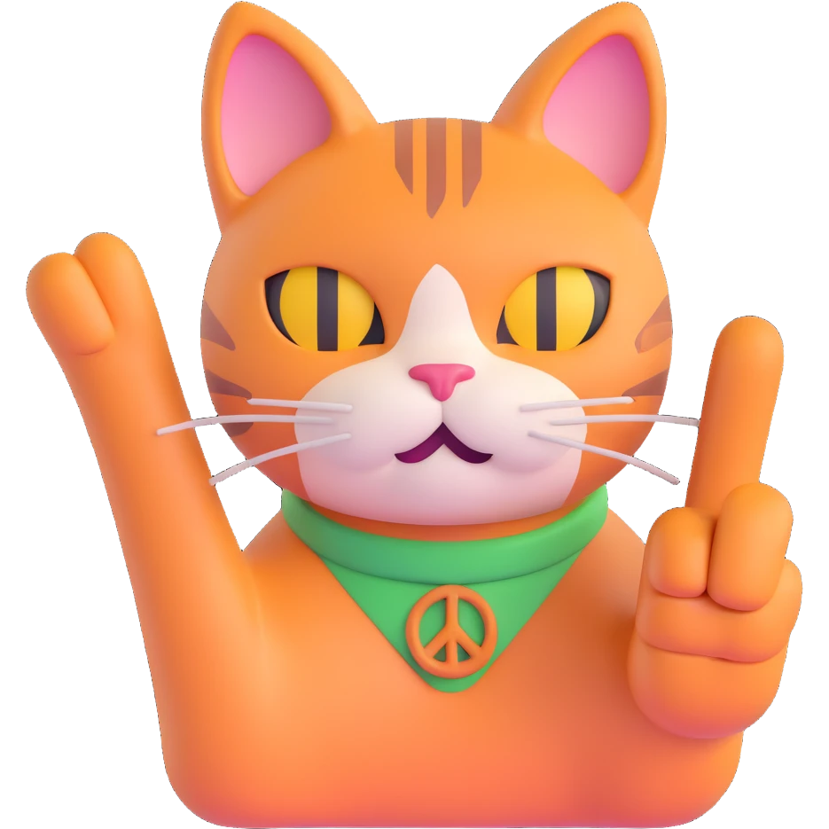 cute and trendy emote of a cat face with a human body, making a peace sign, clear background emoji