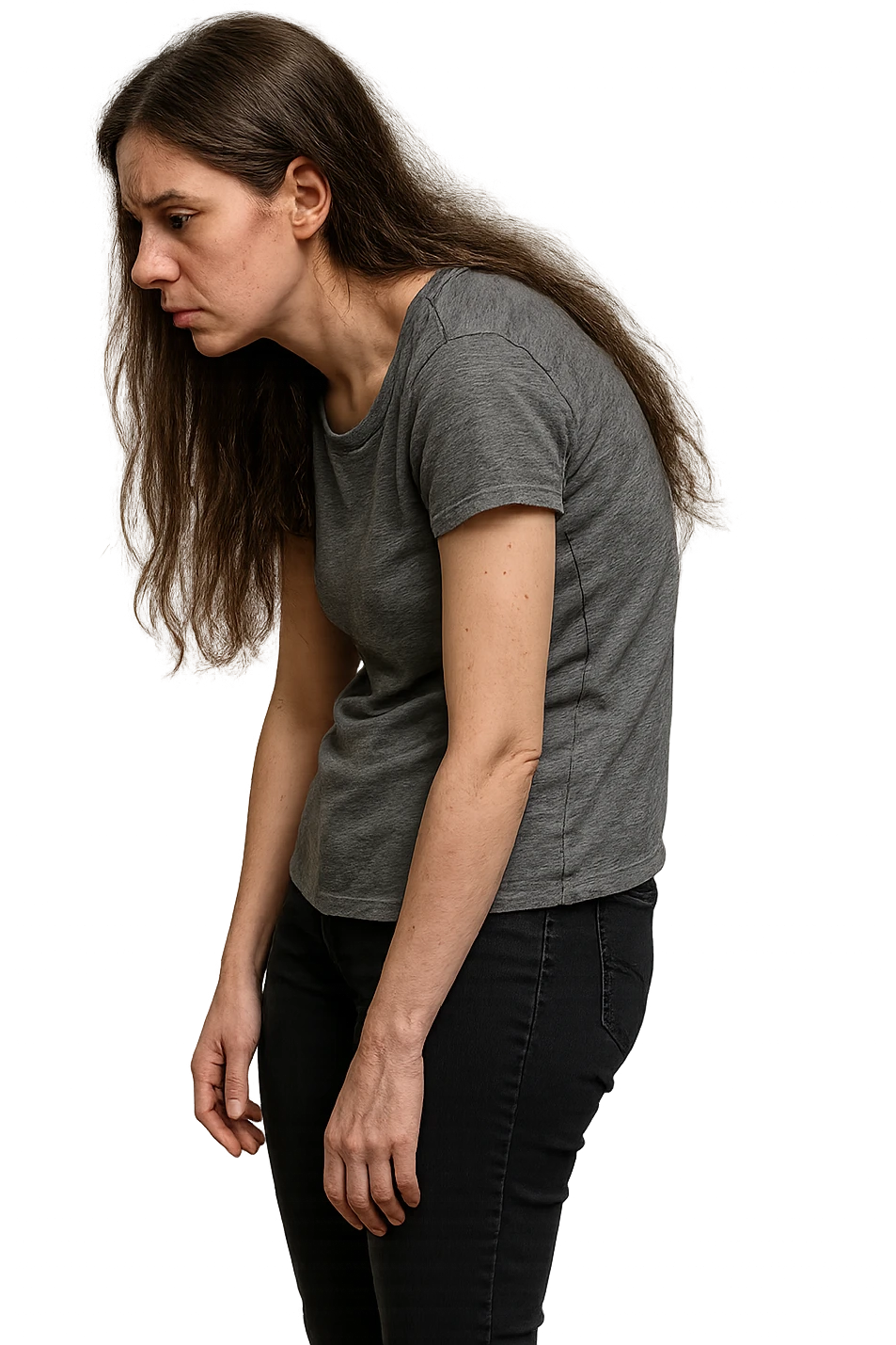 fai immagine identica ma di una donna con capelli lunghi, iperrealistico 4k, postura storta con spina dorsale storta emoji