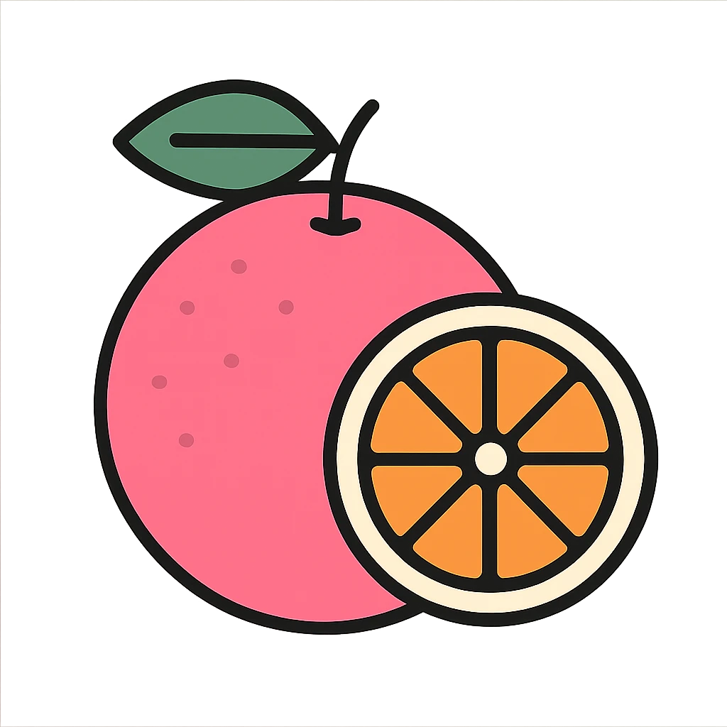 outlined icon of a whole pink grapefruit with a leaf, minimal and clean design, 3-4 colors, orange, white, and pink palette emoji