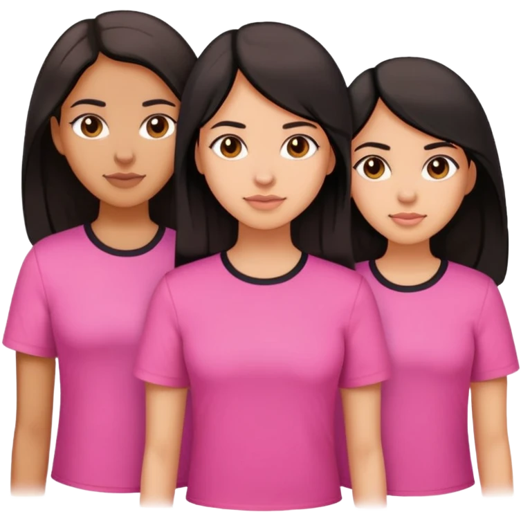 Three sisters, light skin with long dark brown hair, tan skin long black hair, tan skin dark brown short hair, pink shirt emoji