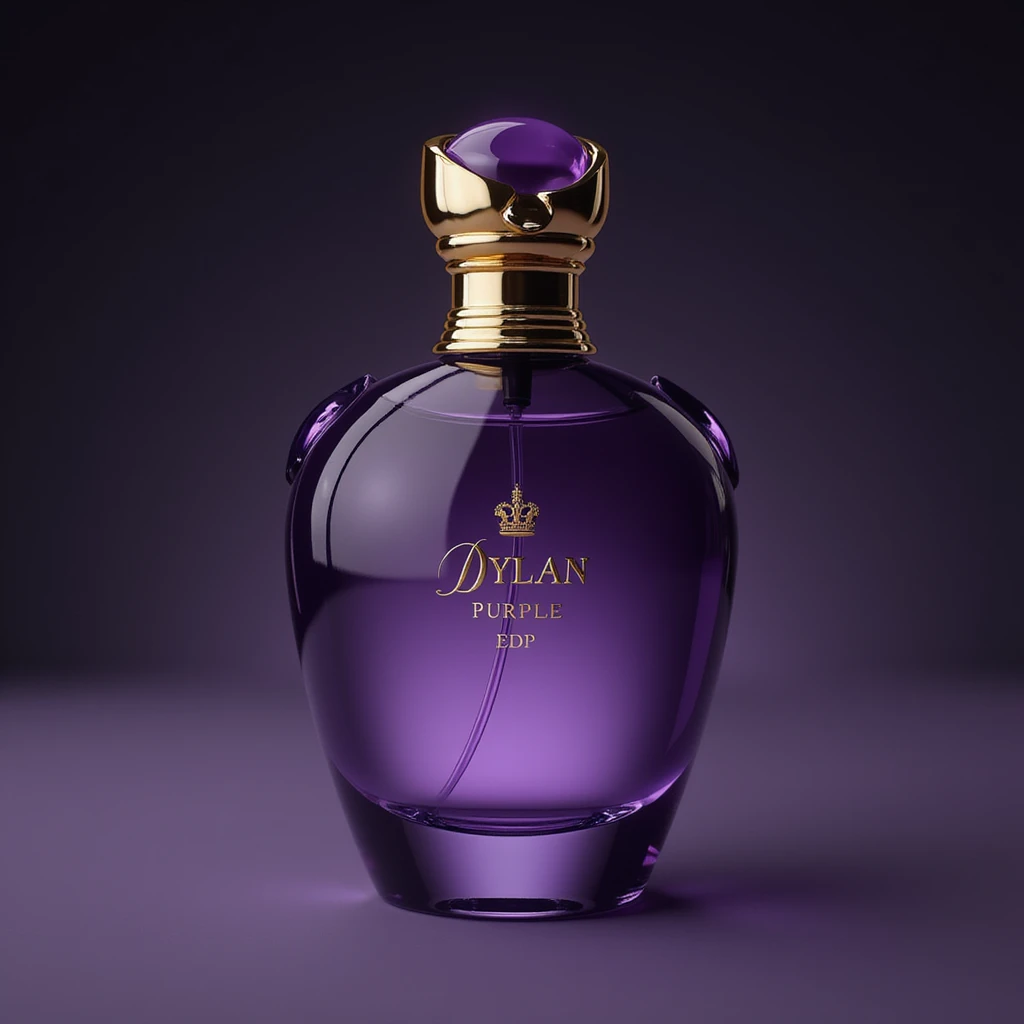 realistic purple perfume bottle with gold trim, inspired by 'Dylan Purple EDP', exuding luxury and sophistication emoji