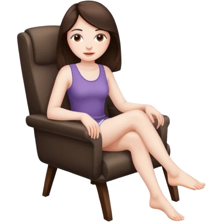 Brunette woman sitting in chair with crossed legs and bare feet. emoji