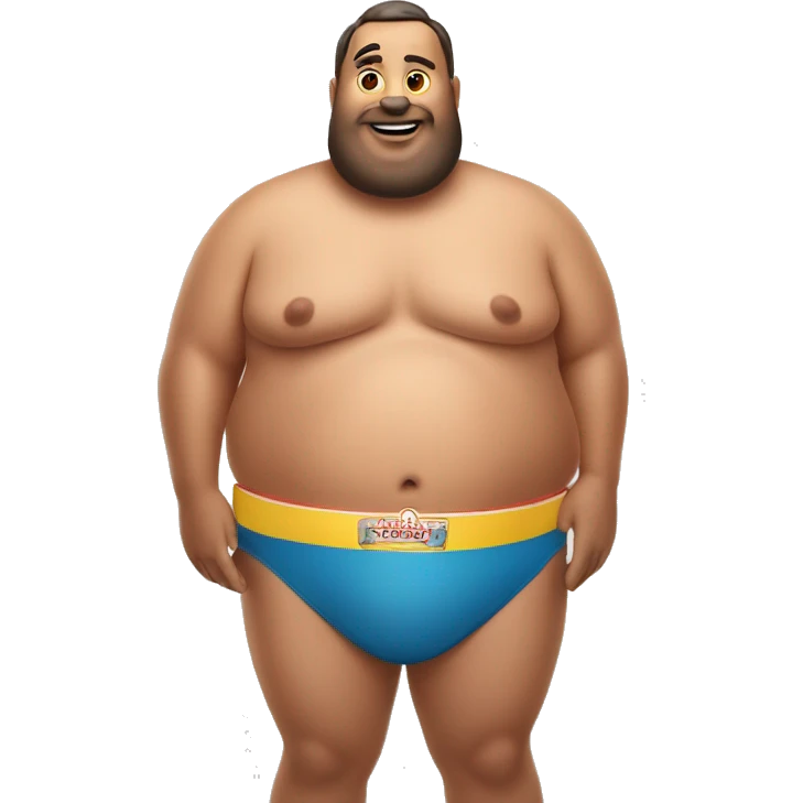Fat man wearing a speedo while holding fully loaded hotdogs emoji