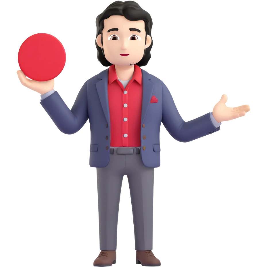 Business strategist with black wavy hair, stubble, chiseled face, wearing blazer and button-up shirt, giving an inspirational TED-style talk about innovation on a minimalist stage with red circle, dynamic speaking pose emoji