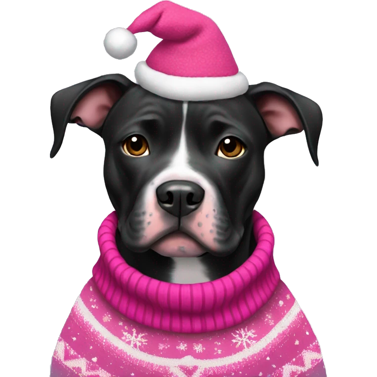 Black pitbull with pink Christmas sweater emoji