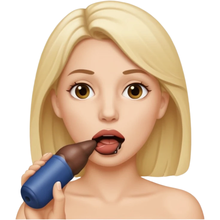 A white woman holding a dark penis in her mouth while white semen is on her face emoji